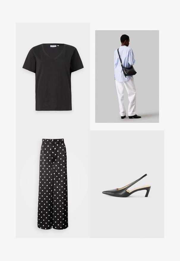 Sort bomulds T-shirt med V-hals og korte ærmer. Enkel design med regular fit og ingen mønstre eller accenter.; Sorte brede bukser med bælte, lavet af glat stof med et hvidt prikmønster overalt.; Sorte spidse slingback-sko med en lav hæl, lavet af glat læder og med udskæringer på siden for åndbarhed.; Sort læder skuldertaske med en blød tekstur, trekantet form og justerbar strop, kombineret med en lyseblå stribet skjorte og hvide bukser.
