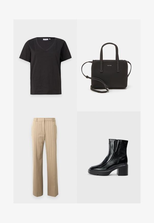 Čierne bavlnené tričko s výstrihom do V a krátkymi rukávmi. Jednoduchý dizajn s bežným strihom a bez vzorov alebo akcentov.; Béžové nohavice s priliehavým strihom, so vertikálnymi bielymi pásikmi, hladkou textúrou, pútkami na opasok a dvoma prednými vreckami.; Čierne lakované členkové topánky s zakrivenou špičkou, elastickými bočnými panelmi a masívnym blokovým opätkom. S embosovaným logom na zadnej strane.; Čierna kabelka s dvojitými krátkymi rúčkami a odnímateľným ramenným popruhom. Hladký materiál podobný koži s uzatváraním na zips a detailom loga.