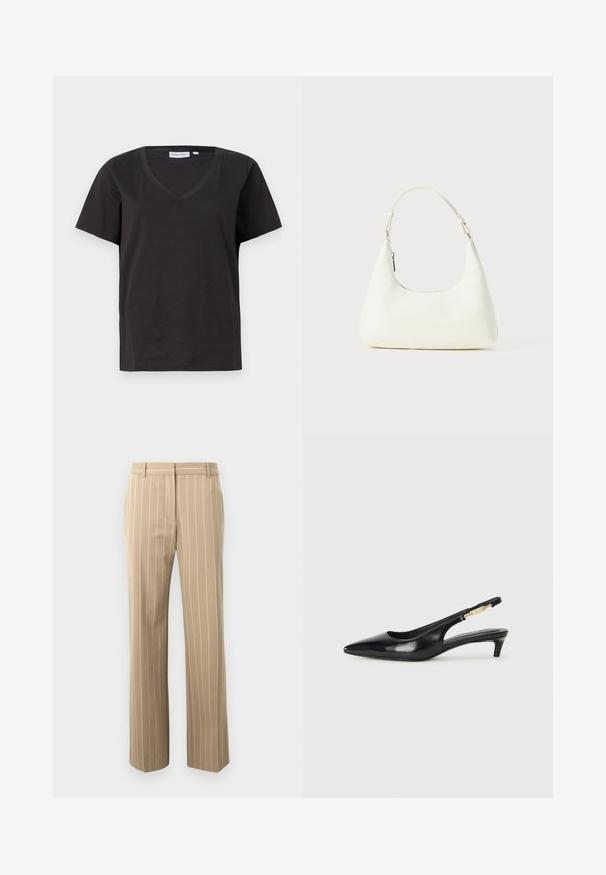 Must musta T-särk V-kaelusega ja lühikeste varrukatega. Lihtne disain, regulaarne istuvus, ilma mustrite ja aktsentideta.; Beezid püksid kohandatud lõikega, millel on vertikaalsed valged triibud, sile tekstuur, vöökohad ja kaks eesmist taskut.; Mustad nahast slingback kontsad terava ninaga, millel on õhuke konts ja kuldse tooni aktsent reguleeritaval rihmal. Sile tekstuur.; Väike valge õlakott, millel on üks reguleeritav rihm ja lukuga sulgemine, asetatuna ühtlasele valgele taustale.