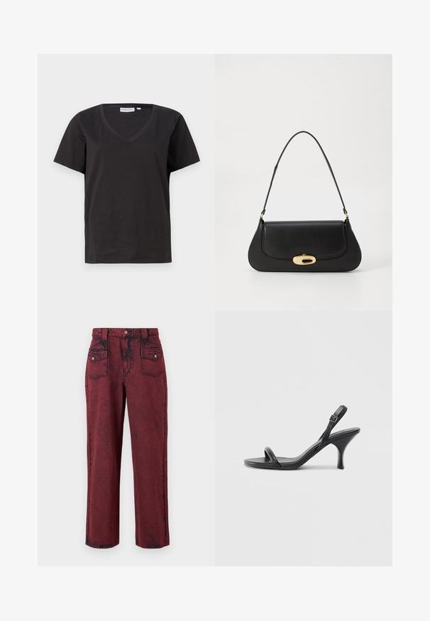 Černé bavlněné tričko s výstřihem do V a krátkým rukávem. Jednoduchý design s klasickým střihem bez vzorů nebo akcentů.; Červené džíny s bledým vzhledem, rovný střih nohavic, přední kapsy a těsně padnoucí pas. Má černé švy jako ozdobu.; Černé kožené sandály na vysokém podpatku s úzkým, zakřiveným podpatkem a designem s překříženými popruhy. Nastavitelný pásek kolem kotníku. Hladký povrch.; Černá kožená kabelka s zakřiveným designem, zlatými akcenty a horním uchem. Vybavena elegantním zavíráním a hladkým povrchem.