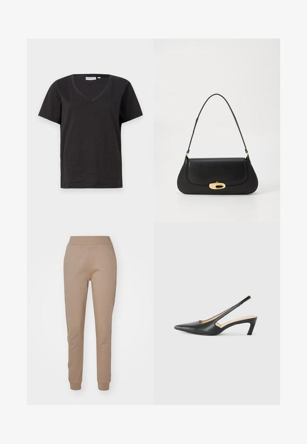 T-shirt en coton noir avec un col en V et des manches courtes. Design simple avec une coupe régulière et sans motifs ni accents.; Pantalons de survêtement beiges en tissu doux avec une coupe fuselée, dotés d'une taille élastique et de poignets élastiques, ainsi que d'un détail de logo subtil sur le côté.; Slingback noir à bout pointu avec un petit talon, en cuir lisse et doté d'un design découpé sur le côté pour plus de respirabilité.; Sac à main en cuir noir avec un design incurvé, matériel doré et une poignée sur le dessus. Présente une fermeture élégante et une texture lisse.