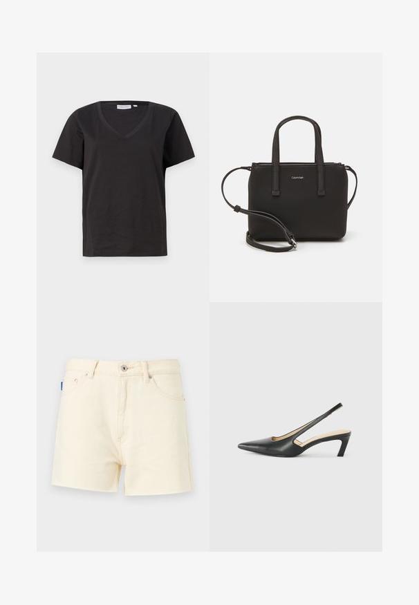 Camisa de algodón negra con cuello en V y mangas cortas. Diseño simple con un corte regular y sin patrones ni acentos.; Shorts de mezclilla crema con corte recto, que cuentan con un cierre frontal de botón y un diseño de cinco bolsillos. Tela texturizada con detalles de costura.; Zapato negro de punta afilada tipo slingback con un tacón bajo, que presenta un material de cuero suave y un diseño recortado en el lateral para mayor transpirabilidad.; Bolso de mano negro con dos asas cortas y una correa de hombro removible. Material suave tipo cuero con cierre de cremallera y detalle del logo.