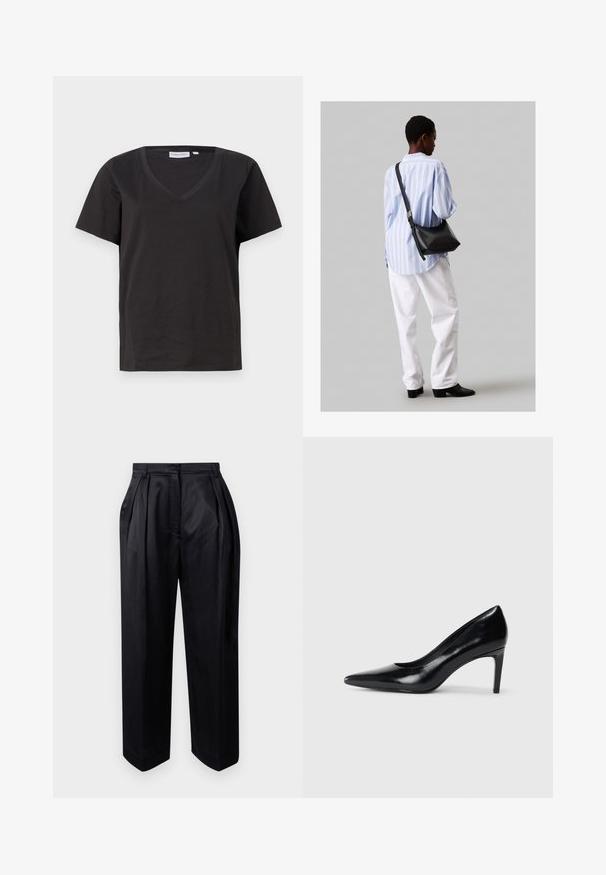 Čierne bavlnené tričko s výstrihom do V a krátkymi rukávmi. Jednoduchý dizajn s bežným strihom a bez vzorov alebo akcentov.; Čierne, vysoké nohavice vyrobené z hladkej tkaniny, s prešitou plisovaním, širokými nohavicami a rovný strih s mierne zúženým lemom.; Čierna kožená vysoká topánka s ihlovým podpätkom a špičatou špicou, hladkou textúrou a zúženým podpätkom. Minimalistický dizajn, bez ďalších ozdôb.; Čierna kožená ramenná taška so mäkkou textúrou, trojuholníkovým tvarom a nastaviteľným popruhom, skombinovaná s svetlomodrou pruhovanou košeľou a bielymi nohavicami.