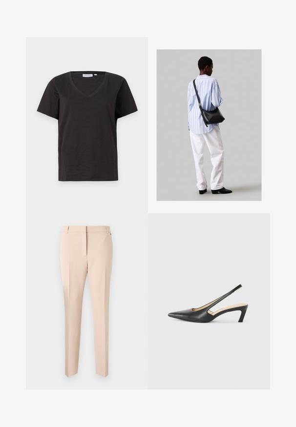 Czarna bawełniana koszulka z dekoltem w serek i krótkimi rękawami. Prosty design o regularnym kroju bez wzorów ani dodatków.; Beżowe spodnie materiałowe o prostym przodzie, z paskiem, dwoma bocznymi kieszeniami i prostym krojem nogawek. Gładka tekstura tkaniny i minimalne detale.; Czarny but na obcasie typu slingback z ostro zakończonym noskiem, z niskim obcasem, wykonany z gładkiej skóry, z wycięciem po boku dla lepszej wentylacji.; Czarna skórzana torba na ramię o miękkiej fakturze, w kształcie trójkąta, z regulowanym paskiem, połączona z jasnoniebieską koszulą w paski i białymi spodniami.