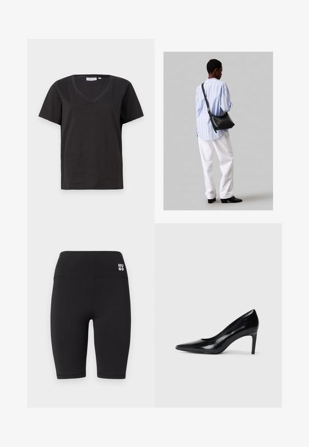 Melnas kokvilnas T-krekls ar V veida kakla izgriezumu un īsām piedurknēm. Vienkāršs dizains ar regulāru piegriezumu un bez rakstiem vai akcentiem.; Melnas riteņu šorti, kas izgatavoti no viegla, elastīga auduma. Ir augsta josta ar baltu "HUGO" logotipu priekšpusē.; Melnas ādas augstpapēžu kurpes ar norādītu purngali, gludu tekstūru un šauru papēdi. Minimālistisks dizains, bez papildu rotājumiem.; Melna ādas plecu soma ar mīkstu tekstūru, trīsstūra formu un regulējamu siksnu, apvienota ar gaiši zilu svītrotu krekli un baltām biksēm.