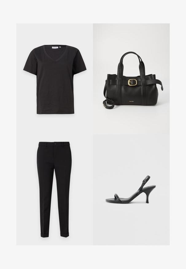 Black cotton T-shirt with a V-neck and short sleeves. Simple design with a regular fit and no patterns or accents.; Black tailored trousers made of smooth fabric, featuring a flat front, side pockets, and rolled cuffs for a structured appearance.; Black leather high-heeled sandals with a slim, curved heel and a crossed strap design. Adjustable ankle strap. Smooth texture.; Black leather handbag featuring a structured design, dual top handles, gold-tone buckle accent, and embossed brand logo at the front.