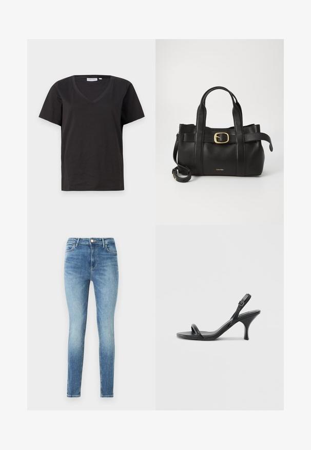 Juodas medvilninis marškinėlis su V formos iškirpte ir trumpomis rankovėmis. Paprastas dizainas, reguliaraus kirpimo, be raštų ar akcentų.; Lieknos džinsai iš šviesiai mėlynos džinsinio audinio, su vidutinio aukščio liemeniu, penkių kišenių dizainu ir subtiliu dengimu priekyje ir gale.; Juodos odinės aukštakulnės šlepetės su plonu, kreiviu kulnu ir kryžminiu dirželio dizainu. Reguliuojamas kulkšnies dirželis. Lygus paviršius.; Juodas odinis rankinės maišas su struktūrizuotu dizainu, dviem viršutinėmis rankenomis, auksinės spalvos sagtimi ir iškilniu prekės ženklu priekyje.