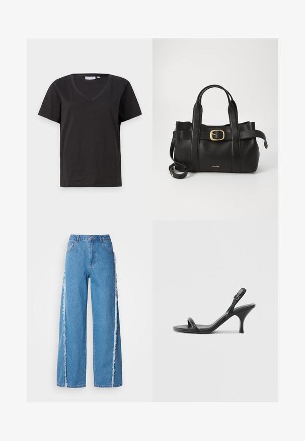Svart bomull T-skjorte med V-hals og korte ermer. Enkel design med vanlig passform og uten mønstre eller detaljer.; Bredde ben blå denim jeans med uttråkkede sidesømmer og et klassisk femlommers design. Knapp- og glidelåslukking i livet.; Sorte skinnhøye hæler med en slank, buet hæl og et kryssrem-design. Justerbar ankelrem. Glatt tekstur.; Svart lærveske med en strukturert design, doble topphåndtak, gullfarget spenneakent og preget merke-logo foran.