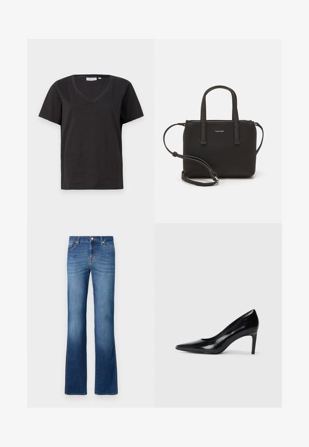 Juodas medvilninis marškinėlis su V formos iškirpte ir trumpomis rankovėmis. Paprastas dizainas, reguliaraus kirpimo, be raštų ar akcentų.; Mėlyni džinsai su platėjančiomis kleistėmis, klasikiniu penkių kišenių dizainu, su blukinta spalvų apdaila, auksinėmis siūlėmis ir mygtukų uždarymu juosmens srityje.; Juodas odinis aukštakulnis batelis su smailiu pirštu, lygiu paviršiumi ir siauru kulnu. Minimalistinis dizainas, jokių papildomų puošmenų.; Juoda rankinė su dviem trumpais rankenėlėmis ir nuimamu petį. Lygaus odos tipo medžiaga su užtrauktuku ir logotipo detale.