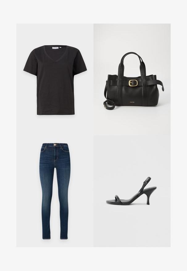 Black cotton T-shirt with a V-neck and short sleeves. Simple design with a regular fit and no patterns or accents.; Dark blue skinny jeans made of denim, featuring a front button closure, five-pocket design, and subtle fading on the thighs.; Black leather high-heeled sandals with a slim, curved heel and a crossed strap design. Adjustable ankle strap. Smooth texture.; Black leather handbag featuring a structured design, dual top handles, gold-tone buckle accent, and embossed brand logo at the front.