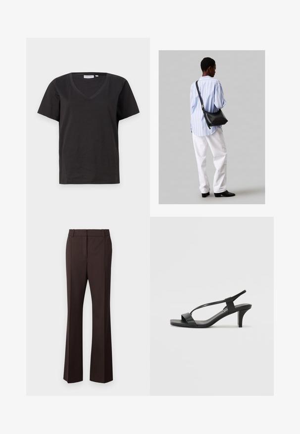 Fekete pamut póló V-nyakkal és rövid ujjakkal. Egyszerű dizájn, normál fazon, minta vagy díszítés nélkül.; Samsøe Samsøe SALOT TROUSERS - Nadrágok - chocolate torte; Fekete magassarkú szandál vékony pántos kialakítással, négyzetes orral és közepes magasságú tömbsarkakkal. Sima bőrből készült, matt felülettel.; Fekete bőr válltáska puha tapintással, háromszög alakú, állítható pánttal, világoskék csíkos inggel és fehér nadrággal párosítva.