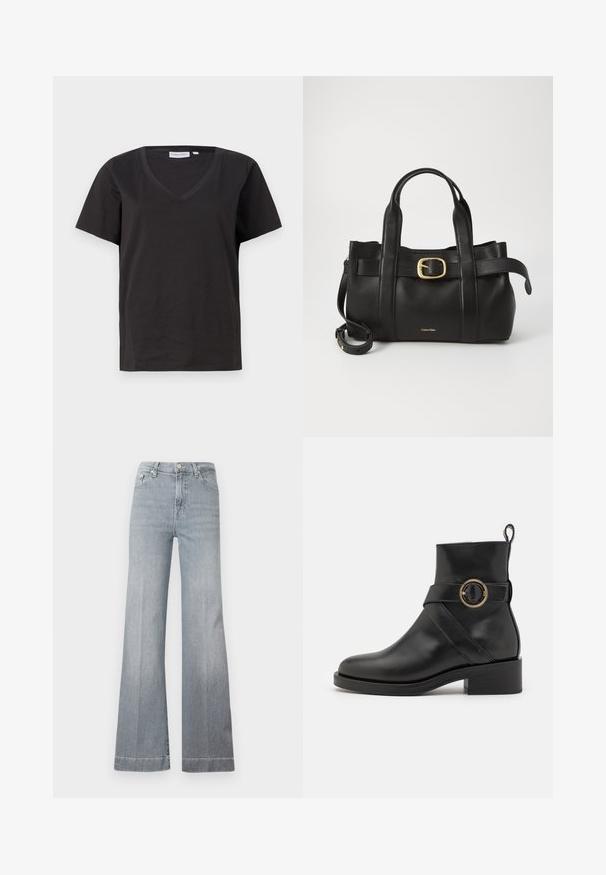 Black cotton T-shirt with a V-neck and short sleeves. Simple design with a regular fit and no patterns or accents.; Light gray, high-waisted flared jeans in denim. Features five pockets, a front button closure, and a clean hem with subtle fading at the legs.; BOSS IRYNA BOOTIE - Platform ankle boots - black; Black leather handbag featuring a structured design, dual top handles, gold-tone buckle accent, and embossed brand logo at the front.