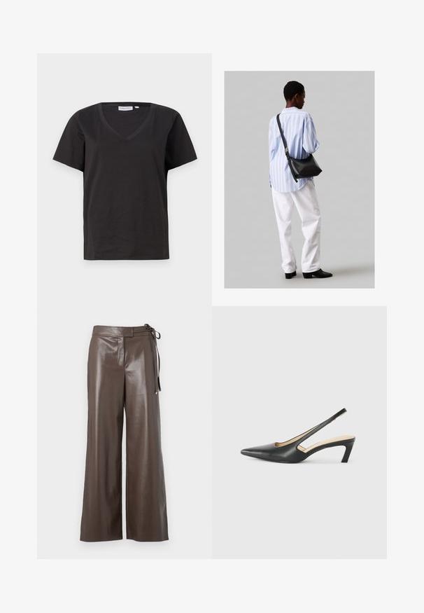 Čierne bavlnené tričko s výstrihom do V a krátkymi rukávmi. Jednoduchý dizajn s bežným strihom a bez vzorov alebo akcentov.; Hnedé nohavice zo syntetickej kože s širokými nohavicami, vysokým pásom a bočnými viazaniami na bielom pozadí.; Čierne slingback topánky s ostrou špičkou a nízkym opätkom, vyrobené z hladkej kože a s výrezmi na boku pre lepšiu priedušnosť.; Čierna kožená ramenná taška so mäkkou textúrou, trojuholníkovým tvarom a nastaviteľným popruhom, skombinovaná s svetlomodrou pruhovanou košeľou a bielymi nohavicami.