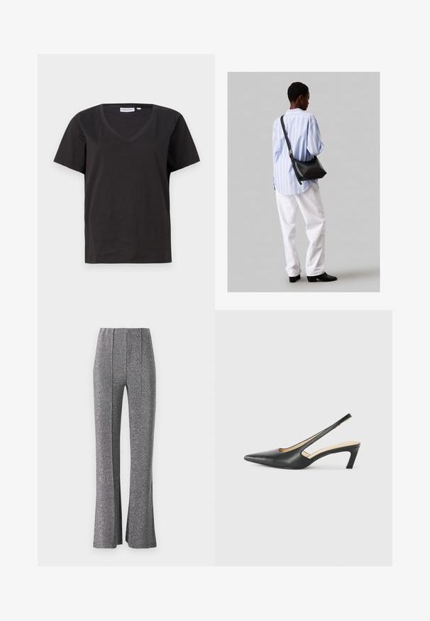 Must musta T-särk V-kaelusega ja lühikeste varrukatega. Lihtne disain, regulaarne istuvus, ilma mustrite ja aktsentideta.; Laienevad püksid struktuurse, metallilise halli kangaga. Omavad kõrget vööd ja ees olevaid voldikesi, pakkudes tippklassi siluetti.; Must mustaga, terav varvas, madala kontsaga sildiga king, mis on valmistatud siledast nahast ja mille küljel on lõike disain hingavuse tagamiseks.; Must have mustras alasi nahkpatsi, pehme tekstuuriga, kolmnurkse kujuga ja reguleeritava rihmaga, koos helesinise triibulise särgi ja valgete pükstega.