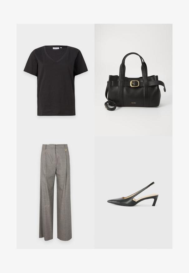 Fekete pamut póló V-nyakkal és rövid ujjakkal. Egyszerű dizájn, normál fazon, minta vagy díszítés nélkül.; Szürke kockás, széles szárú nadrág magas derekú fazonnal, elülső redőkkel és arany tónusú díszítéssel a derékrészen. Strukturált anyagból készült.; Fekete, hegyes orrú, slingback cipő alacsony sarkával, sima bőrből készült, oldalt kivágott deisgnal a légáteresztőképesség érdekében.; Fekete bőr kézitáska, amely strukturált kialakítással rendelkezik, dupla felső fogantyúval, arany tónusú csattal és a márka dombornyomott logójával az elején.
