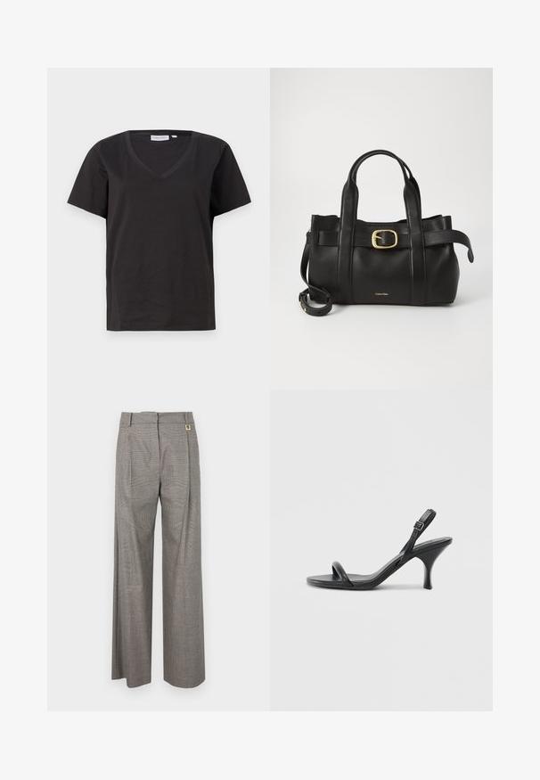 Sort bomulds T-shirt med V-hals og korte ærmer. Enkel design med regular fit og ingen mønstre eller accenter.; Gråternet vide bukser med høj talje, frontfolder og en guldfarvet hardwaredetalje på taljebåndet. Tekstureret stof.; Sorte læder højhælede sandaler med en slank, buet hæl og et krydset stropdesign. Justerbar ankelrem. Glat tekstur.; Sort læderhåndtaske med et struktureret design, dobbelte toppegreb, guldtonet spændeaccents og præget logo på forsiden.