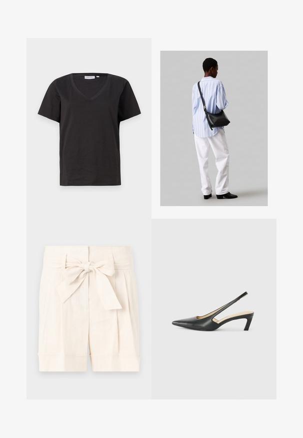 Czarna bawełniana koszulka z dekoltem w serek i krótkimi rękawami. Prosty design o regularnym kroju bez wzorów ani dodatków.; Beżowe szorty z wysokim stanem, z przewiązanym paskiem, w zakładki i z podwiniętymi mankietami, wykonane z lekkiego materiału.; Czarny but na obcasie typu slingback z ostro zakończonym noskiem, z niskim obcasem, wykonany z gładkiej skóry, z wycięciem po boku dla lepszej wentylacji.; Czarna skórzana torba na ramię o miękkiej fakturze, w kształcie trójkąta, z regulowanym paskiem, połączona z jasnoniebieską koszulą w paski i białymi spodniami.
