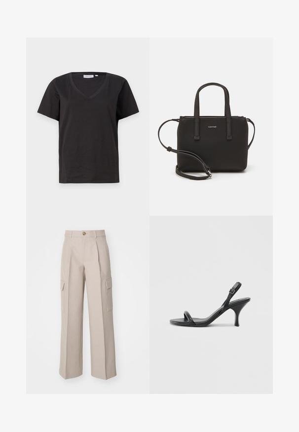 Schwarzes Baumwoll-T-Shirt mit V-Ausschnitt und kurzen Ärmeln. Einfaches Design mit normalem Schnitt und ohne Muster oder Akzente.; Beige weite Stoffhosen mit vorderen Falten und zwei seitlichen Cargo-Taschen. Mit einem vorderen Knopfverschluss.; Schwarze Leder-Sandalen mit hohen Absätzen, schlankem, gebogenem Absatz und gekreuztem Riemendesign. Verstellbarer Knöchelriemen. Glatte Textur.; Schwarze Handtasche mit zwei kurzen, doppelt geflochtenen Griffen und einem abnehmbaren Schulterriemen. Glattes, lederähnliches Material mit einem Reißverschluss und Logodetail.
