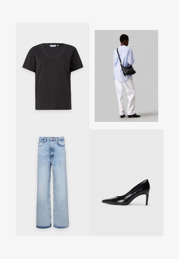 Must musta T-särk V-kaelusega ja lühikeste varrukatega. Lihtne disain, regulaarne istuvus, ilma mustrite ja aktsentideta.; Heledad sinine denim teksad laia säärekujuga, millel on perforatsioonid kõikjal ja klassikaline viie tasku stiil.; Mustmust musta kõrge kontsaga king, millel on terav varvas, sile tekstuur ja kitsenev konts. Minimalistlik disain, ilma täiendavate kaunistusteta.; Must have mustras alasi nahkpatsi, pehme tekstuuriga, kolmnurkse kujuga ja reguleeritava rihmaga, koos helesinise triibulise särgi ja valgete pükstega.