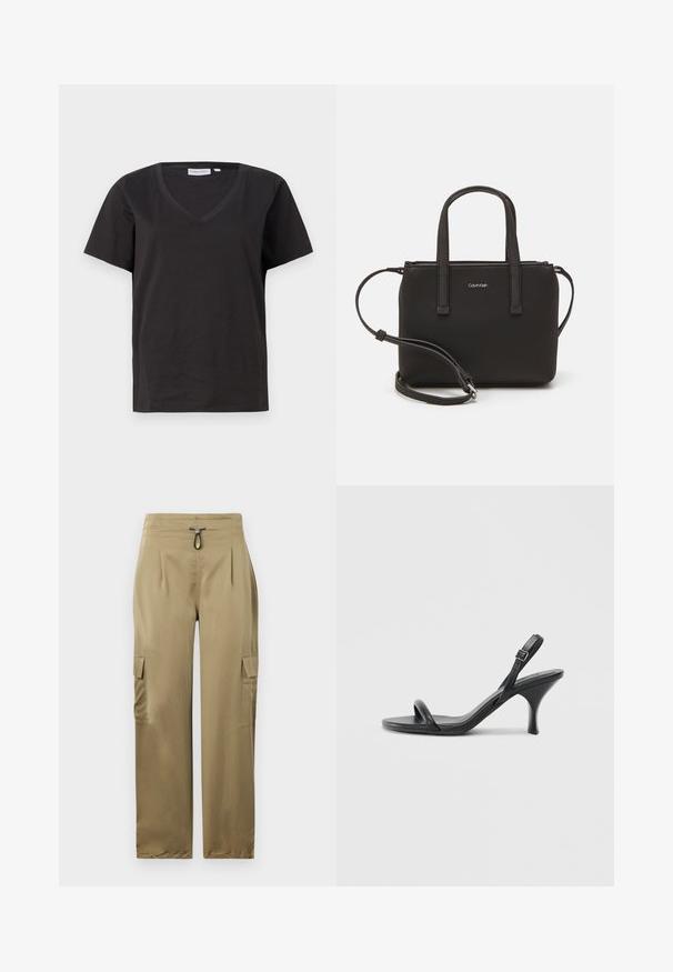Črna bombažna majica s kratkimi rokavi in V-izrezom. Preprost dizajn z običajnim krojem in brez vzorcev ali dodatkov.; Kaki cargo hlače slim kroja, z elastičnim pasom, dvema stranskima žepoma in strukturirano tkanino za večjo trdnost.; Črne usnjene visoke sandale s tankim, ukrivljenim petam in obliko križanih trakov. Nastavljiv trak okoli gležnja. Gladka tekstura.; Črna torbica z dvema kratkima ročajema in odstranljivim naramnim trakom. Gladek usnju podoben material z zadrgo in podrobnostmi z logotipom.