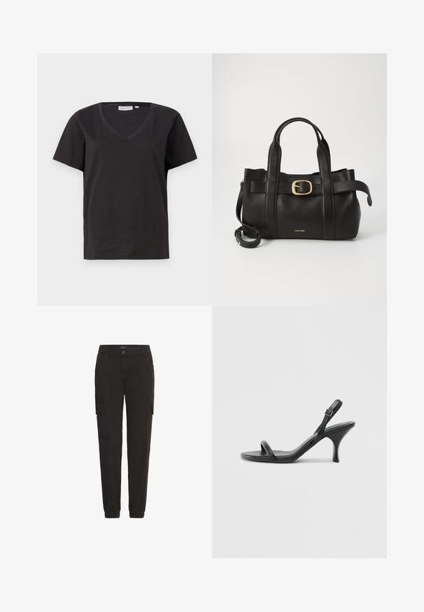 Crni pamučni T-shirt s V-izrezom i kratkim rukavima. Jednostavan dizajn s regularnom krojem i bez uzoraka ili akcenta.; Crne cargo hlače izrađene od lagane tkanine, s elastičnim pojasom, bočnim džepovima i opuštenim krojem.; Crne kožne sandale na visoku petu s tankom, zakrivljenom petom i dizajnom prekriženih traka. Podesiva traka oko gležnja. Glatka tekstura.; Crna kožna torba s strukturiranim dizajnom, dvostrukim gornjim ručkama, zlatnim kopčom kao naglaskom i utisnutim logotipom marke sprijeda.