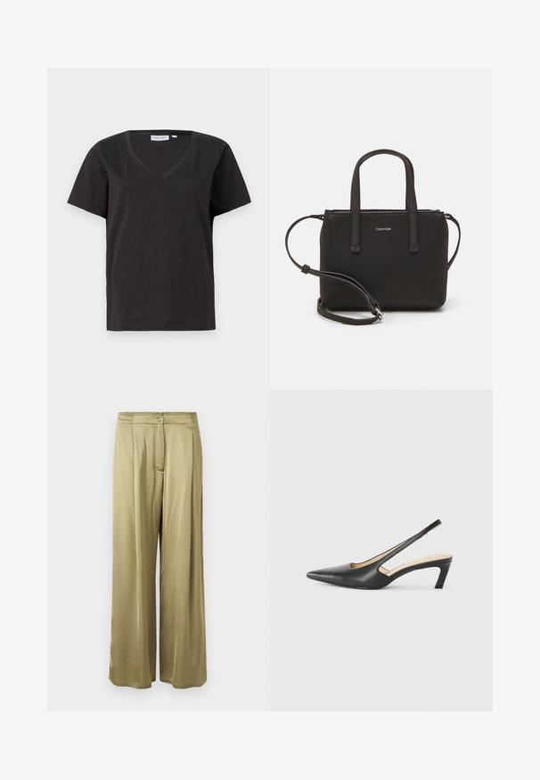 Sort bomulds T-shirt med V-hals og korte ærmer. Enkel design med regular fit og ingen mønstre eller accenter.; Olivenfarvede, brede bukser lavet af glat stof, med knaplukning foran og plisserede detaljer i taljen.; Sorte spidse slingback-sko med en lav hæl, lavet af glat læder og med udskæringer på siden for åndbarhed.; Sort håndtaske med to korte håndtag og en aftagelig skulderrem. Glat læderagtigt materiale med lynlåslukning og logo detaljer.