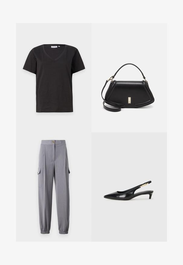 Melnas kokvilnas T-krekls ar V veida kakla izgriezumu un īsām piedurknēm. Vienkāršs dizains ar regulāru piegriezumu un bez rakstiem vai akcentiem.; Pelēki svītraini bikses ar elastīgiem piedurkņu galiem un divām sānu kabatām. Iespējas ietver pogu aizdari un pielāgotu dizainu.; Melnas ādas slingback zābaki ar smailu purngalu, ar šauru papēdi un zelta krāsas akcentu uz regulējama siksniņas. Gluda tekstūra.; Melnas ādas roku soma ar struktūru, ar īsu formu, augšējo rokturi un zelta aksesuāriem. Iekļauta regulējama plecu siksna.