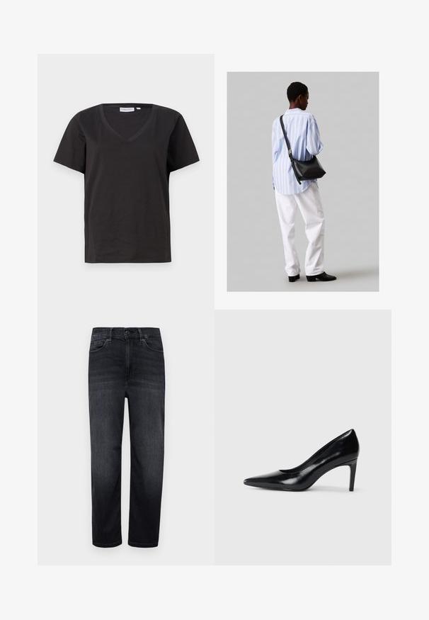 Czarna bawełniana koszulka z dekoltem w serek i krótkimi rękawami. Prosty design o regularnym kroju bez wzorów ani dodatków.; Ciemnoniebieskie dżinsy o regularnym kroju, proste nogawki, kieszenie z przodu, mała kieszonka na monety oraz zapięcie na guziki. Gładka tekstura i minimalne spranie.; Czarna skórzana szpilka z ostrym noskiem, gładką fakturą i zwężającym się obcasem. Minimalistyczny design, bez dodatkowych zdobień.; Czarna skórzana torba na ramię o miękkiej fakturze, w kształcie trójkąta, z regulowanym paskiem, połączona z jasnoniebieską koszulą w paski i białymi spodniami.