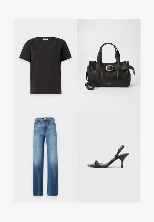 Svart bomull T-skjorte med V-hals og korte ermer. Enkel design med vanlig passform og uten mønstre eller detaljer.; Lys blå denimjeans med vertikale hvite striper, rette ben, fem lommer og knapplukking i livet.; Sorte skinnhøye hæler med en slank, buet hæl og et kryssrem-design. Justerbar ankelrem. Glatt tekstur.; Svart lærveske med en strukturert design, doble topphåndtak, gullfarget spenneakent og preget merke-logo foran.