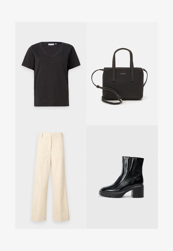 Juodas medvilninis marškinėlis su V formos iškirpte ir trumpomis rankovėmis. Paprastas dizainas, reguliaraus kirpimo, be raštų ar akcentų.; Šviesiai rudos spalvos plačios kelnės su lygiu priekiu, diržo kilputėmis ir užtrauktuku. Pagamintos iš lengvos medvilnės medžiagos su lygiu paviršiumi.; Juodi lakiniai auliniai batai iki kulkšnies, su išlenktu pirštu, elastinėmis šoninėmis panelėmis ir masyviu blokuotu kulnu. Apdailoje užpakalinėje dalyje įspaustas logotipas.; Juoda rankinė su dviem trumpais rankenėlėmis ir nuimamu petį. Lygaus odos tipo medžiaga su užtrauktuku ir logotipo detale.