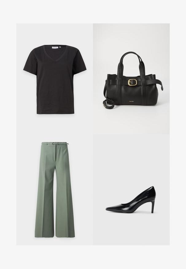 Czarna bawełniana koszulka z dekoltem w serek i krótkimi rękawami. Prosty design o regularnym kroju bez wzorów ani dodatków.; Spodnie o szerokich nogawkach w stonowanym zielonym kolorze, z płaskim przodem, szlufkami na pasek z dopasowanym paskiem oraz wyraźnymi zagnieceniami.; Czarna skórzana szpilka z ostrym noskiem, gładką fakturą i zwężającym się obcasem. Minimalistyczny design, bez dodatkowych zdobień.; Czarna skórzana torebka o zorganizowanej konstrukcji, z podwójnymi uchwytami u góry, akcentem w postaci złotego zapięcia oraz wytłoczonym logo marki z przodu.