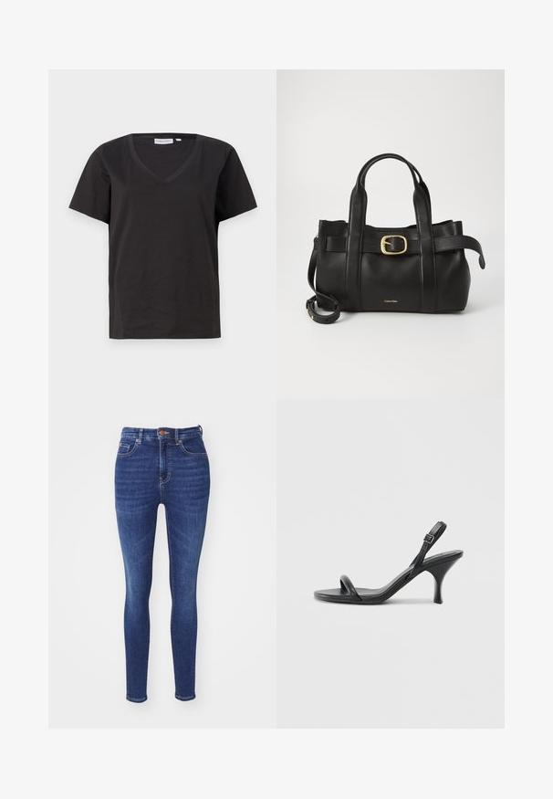 Czarna bawełniana koszulka z dekoltem w serek i krótkimi rękawami. Prosty design o regularnym kroju bez wzorów ani dodatków.; BOSS MAYE niebieski; Czarne skórzane sandały na wysokim obcasie z cienkim, zakrzywionym obcasem i skrzyżowanym wzorem pasków. Regulowany pasek na kostkę. Gładka faktura.; Czarna skórzana torebka o zorganizowanej konstrukcji, z podwójnymi uchwytami u góry, akcentem w postaci złotego zapięcia oraz wytłoczonym logo marki z przodu.