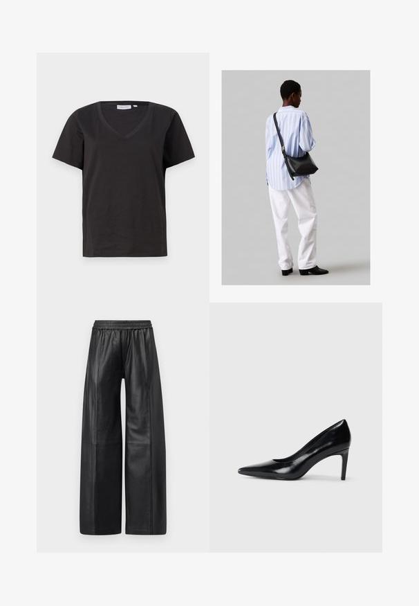 Čierne bavlnené tričko s výstrihom do V a krátkymi rukávmi. Jednoduchý dizajn s bežným strihom a bez vzorov alebo akcentov.; Čierne kožené nohavice so širokými nohavicami a elastickým pásom, s vertikálnymi švami pre prispôsobený strih a hladkú textúru po celom povrchu.; Čierna kožená vysoká topánka s ihlovým podpätkom a špičatou špicou, hladkou textúrou a zúženým podpätkom. Minimalistický dizajn, bez ďalších ozdôb.; Čierna kožená ramenná taška so mäkkou textúrou, trojuholníkovým tvarom a nastaviteľným popruhom, skombinovaná s svetlomodrou pruhovanou košeľou a bielymi nohavicami.