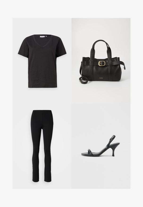 Svart bomull T-skjorte med V-hals og korte ermer. Enkel design med vanlig passform og uten mønstre eller detaljer.; Sorte leggings laget av elastisk materiale, med en tettsittende silhuett, middels høy midje og sømdetaljer langs fronten og bak.; Sorte skinnhøye hæler med en slank, buet hæl og et kryssrem-design. Justerbar ankelrem. Glatt tekstur.; Svart lærveske med en strukturert design, doble topphåndtak, gullfarget spenneakent og preget merke-logo foran.
