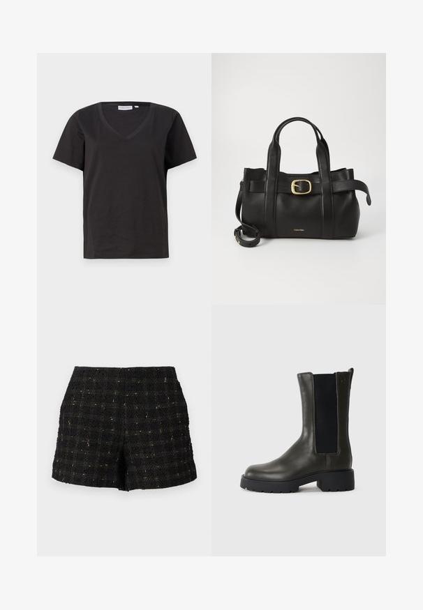 Black cotton T-shirt with a V-neck and short sleeves. Simple design with a regular fit and no patterns or accents.; Black tweed shorts with a textured surface, featuring a grid pattern in gold threads, tailored shape, and a mid-rise waist.; Green leather ankle boot with elastic side panels, rounded toe, and rubber sole. Features a textured finish and a block heel.; Black leather handbag featuring a structured design, dual top handles, gold-tone buckle accent, and embossed brand logo at the front.