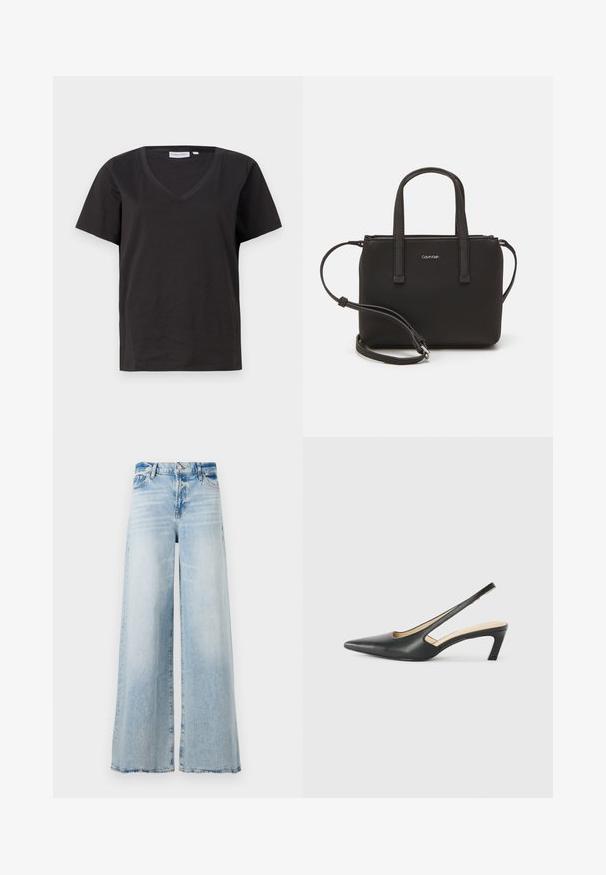 Camisa de algodón negra con cuello en V y mangas cortas. Diseño simple con un corte regular y sin patrones ni acentos.; Vaqueros de mezclilla de pierna ancha en azul claro. Presentan un diseño clásico de cinco bolsillos y un acabado ligeramente descolorido. Cierre de botón y cremallera.; Zapato negro de punta afilada tipo slingback con un tacón bajo, que presenta un material de cuero suave y un diseño recortado en el lateral para mayor transpirabilidad.; Bolso de mano negro con dos asas cortas y una correa de hombro removible. Material suave tipo cuero con cierre de cremallera y detalle del logo.