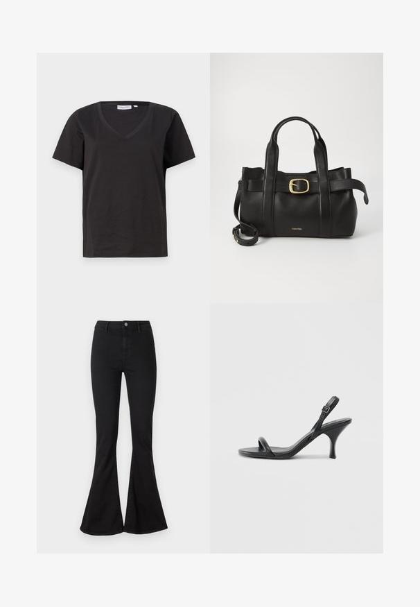 Svart bomull T-skjorte med V-hals og korte ermer. Enkel design med vanlig passform og uten mønstre eller detaljer.; Svarte flared jeans laget av denim med passe rundt midjen, glidelås og knapp, og markert flare ved anklene.; Sorte skinnhøye hæler med en slank, buet hæl og et kryssrem-design. Justerbar ankelrem. Glatt tekstur.; Svart lærveske med en strukturert design, doble topphåndtak, gullfarget spenneakent og preget merke-logo foran.