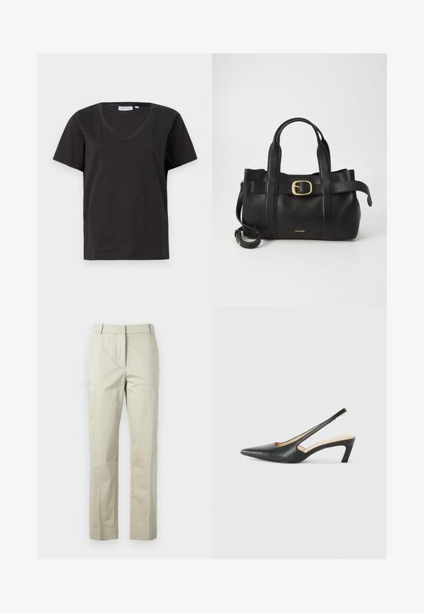 Svart bomull T-skjorte med V-hals og korte ermer. Enkel design med vanlig passform og uten mønstre eller detaljer.; Beige bomullsbukser med rette ben, sentral press, og beltehemper. Har to sidelommer og en ren, skreddersydd finish.; Svart spiss tå slingback-sko med lav hæl, laget av jevnt skinnmateriale og med utskåret design på siden for pusteevne.; Svart lærveske med en strukturert design, doble topphåndtak, gullfarget spenneakent og preget merke-logo foran.