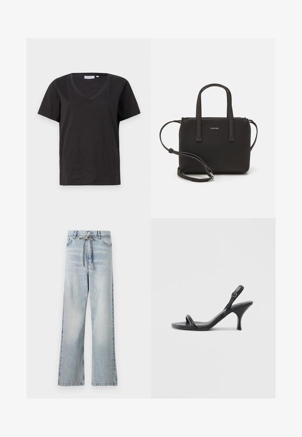 Juodas medvilninis marškinėlis su V formos iškirpte ir trumpomis rankovėmis. Paprastas dizainas, reguliaraus kirpimo, be raštų ar akcentų.; Šviesiai mėlyni plačių kojų džinsai, pagaminti iš džinsinio audinio, su aukštu liemeniu, priekinėmis kišenėmis ir raišteliu liemens srityje. Apsitrynusi tekstūra.; Juodos odinės aukštakulnės šlepetės su plonu, kreiviu kulnu ir kryžminiu dirželio dizainu. Reguliuojamas kulkšnies dirželis. Lygus paviršius.; Juoda rankinė su dviem trumpais rankenėlėmis ir nuimamu petį. Lygaus odos tipo medžiaga su užtrauktuku ir logotipo detale.