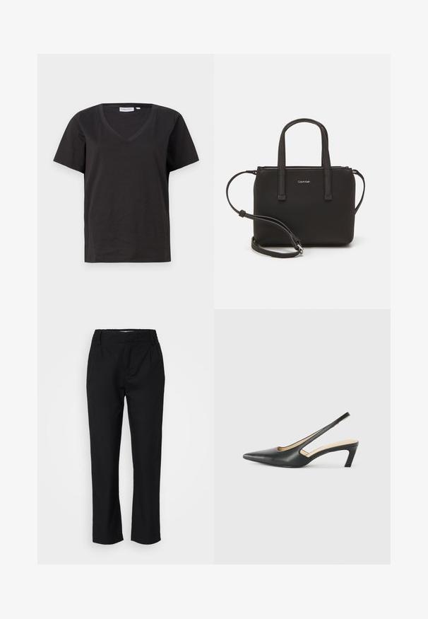 T-shirt in cotone nero con scollo a V e maniche corte. Design semplice con vestibilità regolare, senza motivi o dettagli.; Pantaloni neri in un tessuto liscio, con un taglio dritto, pince frontali e una fascia elastica in vita per il comfort. Nessun hardware visibile.; Scarpa slingback nera con punta affilata e tacco basso, realizzata in pelle liscia e con un design a taglio laterale per favorire la traspirabilità.; Borsa nera con doppi manici corti e tracolla removibile. Materiale simile alla pelle liscia con chiusura a zip e dettaglio del logo.