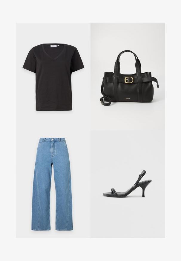 Svart bomull T-skjorte med V-hals og korte ermer. Enkel design med vanlig passform og uten mønstre eller detaljer.; Lyseblå vide jeans laget av denim, med høy liv, rett snitt og kontrasterende sømmer langs sømmene.; Sorte skinnhøye hæler med en slank, buet hæl og et kryssrem-design. Justerbar ankelrem. Glatt tekstur.; Svart lærveske med en strukturert design, doble topphåndtak, gullfarget spenneakent og preget merke-logo foran.