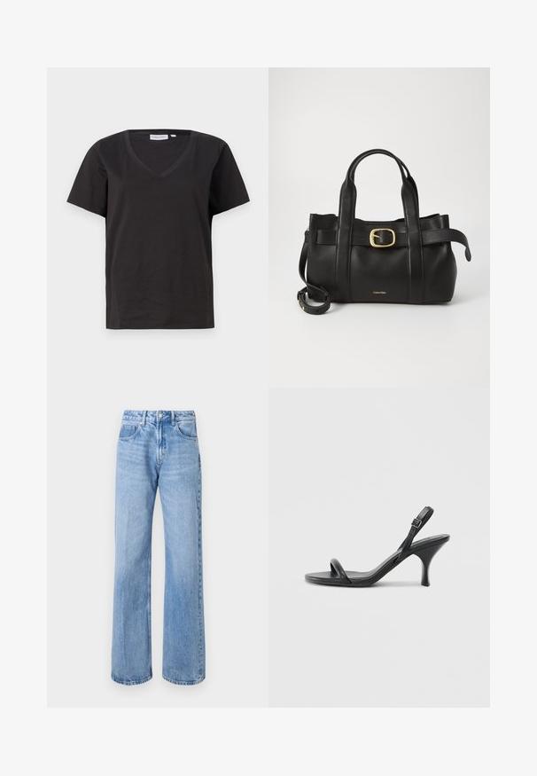 Black cotton T-shirt with a V-neck and short sleeves. Simple design with a regular fit and no patterns or accents.; Light blue wide-leg jeans made of denim with a high waist, five-pocket design, and subtle fading. Silver button and zipper closure.; Black leather high-heeled sandals with a slim, curved heel and a crossed strap design. Adjustable ankle strap. Smooth texture.; Black leather handbag featuring a structured design, dual top handles, gold-tone buckle accent, and embossed brand logo at the front.