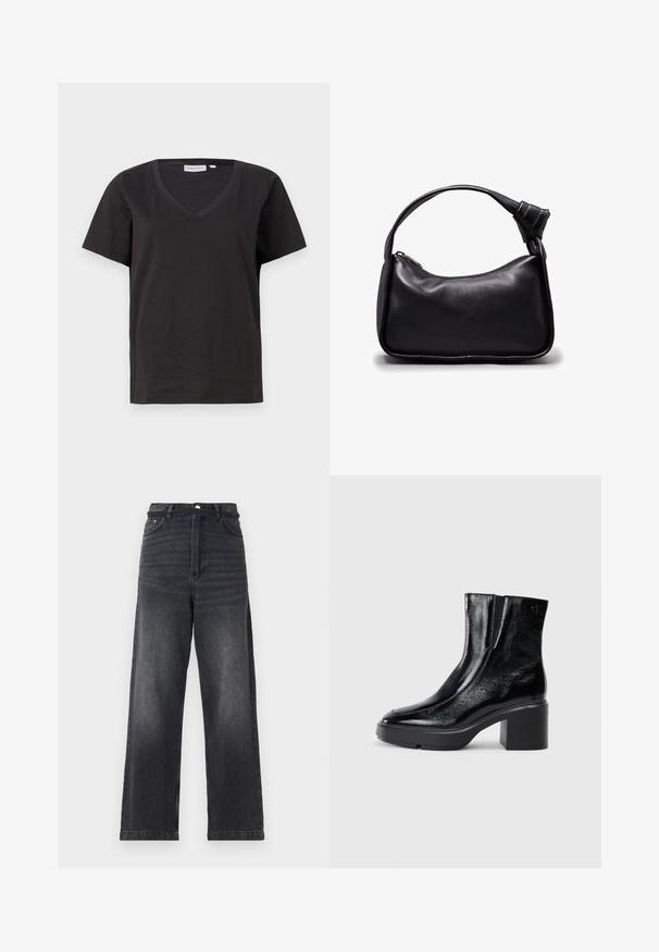 Czarna bawełniana koszulka z dekoltem w serek i krótkimi rękawami. Prosty design o regularnym kroju bez wzorów ani dodatków.; Czarne dżinsy o szerokich nogawkach i wysokim stanie, z zapięciem na guzik, pięcioma kieszeniami i subtelnym wyblaknięciem wzdłuż nóg.; Czarne lakierowane botki za kostkę z zaokrąglonym noskiem, elastycznymi panelami bocznymi i masywnym obcasem blokowym. Posiadają wytłoczone logo z tyłu.; Czarna skórzana torebka o zaokrąglonym kształcie i akcentem w postaci węzła na pasku. Wyposażona w zamek błyskawiczny i wytłoczone logo z przodu.