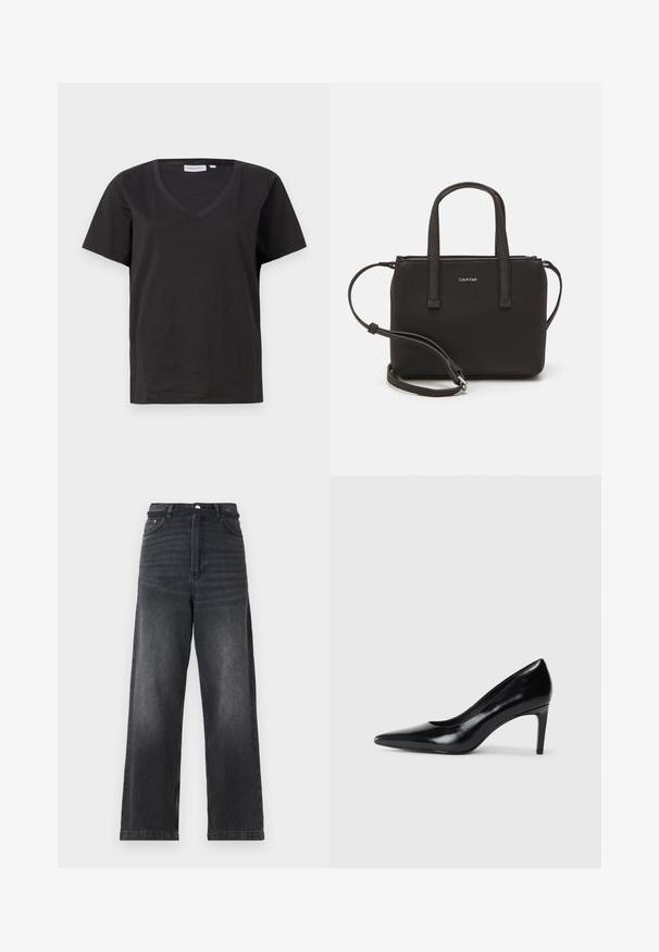 Melnas kokvilnas T-krekls ar V veida kakla izgriezumu un īsām piedurknēm. Vienkāršs dizains ar regulāru piegriezumu un bez rakstiem vai akcentiem.; Melnas denima platleņķa bikses ar augstu jostasvietu, kurām ir pogu aizdare, piecas kabatas un viegla izbalēšana gar kājām.; Melnas ādas augstpapēžu kurpes ar norādītu purngali, gludu tekstūru un šauru papēdi. Minimālistisks dizains, bez papildu rotājumiem.; Melns roku soma ar divām īsām rokturiem un noņemamu plecu siksnu. Gluda ādas līdzīga materiāla ar rāvējslēdzēja aizdari un logos detaļu.