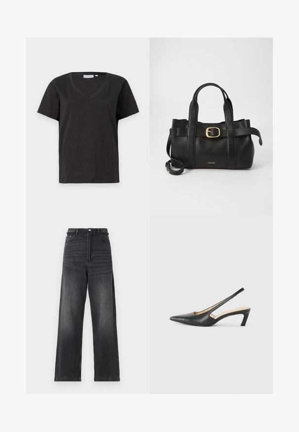 Musta puuvillainen T-paita, jossa on V-kaula-aukko ja lyhyet hihat. Yksinkertainen muotoilu, säännöllinen istuvuus ilman kuvioita tai koristeita.; Mustat farkut, joissa on leveät lahkeet ja korkea vyötärö. Niissä on nappikiinnitys, viisi taskua sekä hienostunutta haalistumista lahkeilla.; Musta, kärjeltään terävä slingback-kengä, jossa on matala korko. Kengässä on sileä nahkamateriaali ja sivuilla leikkaukset hengittävyyttä varten.; Musta nahkakäsilaukku, jossa on struktuurinen muotoilu, kaksoiskahvat, kultasävyinen solkiaksentti ja kohokuvioitu brändilogo edessä.