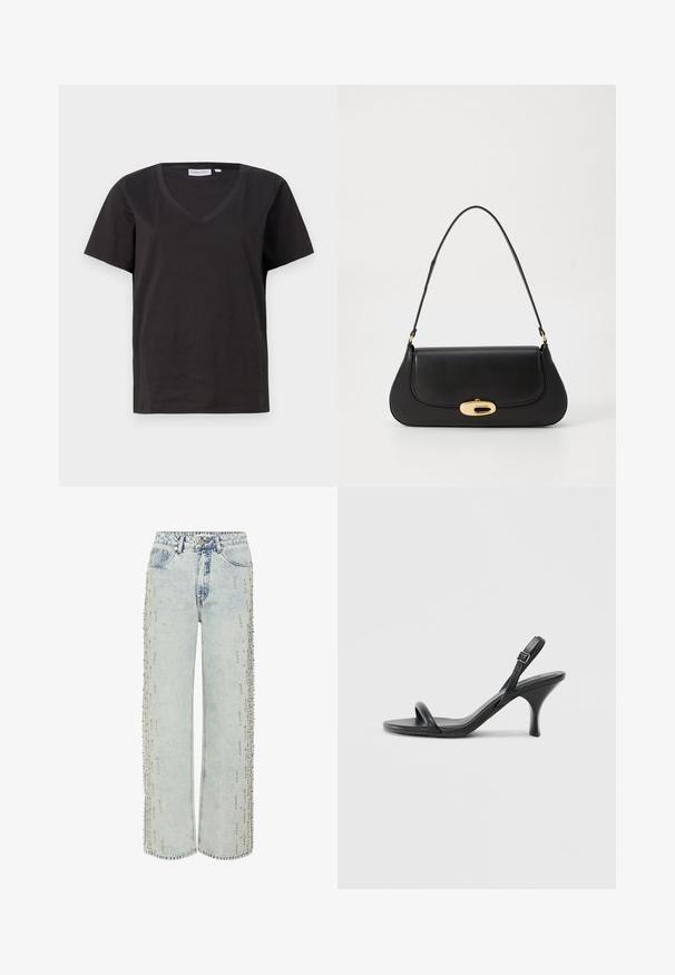 Svart bomull T-shirt med V-urringning och korta ärmar. Enkelt design med en vanlig passform och inga mönster eller accenter.; Ljusblå denimjeans med en avspänd passform, som har dekorativa pärlor längs sid sömmarna och en klassisk femfickdesign.; Svarta läder högklackade sandaler med en smal, böjd klack och ett korsat remdesign. Justerbar ankelrem. Slät textur.; Svart läderhandväska med en böjd design, hårdvara i guldton, och ett handtag ovanpå. Har en snygg stängning och en mjuk yta.