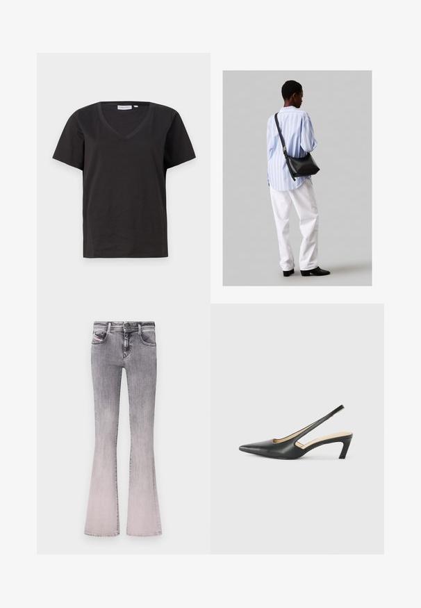 Melnas kokvilnas T-krekls ar V veida kakla izgriezumu un īsām piedurknēm. Vienkāršs dizains ar regulāru piegriezumu un bez rakstiem vai akcentiem.; Izplestas džinsus ar gradientu no melna līdz gaiši pelēkam denimam. Iezīmē klasisku piecu kabatu dizainu, priekšējo pogu aizdari un smalkas šuvju detaļas.; Melna, ar smailu purngalu, slingback kurpe ar zemu papēdi, izgatavota no gludas ādas materiāla un ar izgriezumiem sānos gaisa caurlaidībai.; Melna ādas plecu soma ar mīkstu tekstūru, trīsstūra formu un regulējamu siksnu, apvienota ar gaiši zilu svītrotu krekli un baltām biksēm.