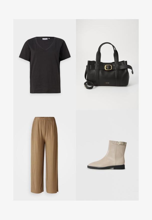 Black cotton T-shirt with a V-neck and short sleeves. Simple design with a regular fit and no patterns or accents.; Brown pleated wide-leg trousers with an elastic waistband. Made of lightweight fabric, featuring vertical stripes for texture and flow.; Beige leather ankle boot with pointed toe, black sole, low heel, and gold buckle strap on outer side, shown on white background.; Black leather handbag featuring a structured design, dual top handles, gold-tone buckle accent, and embossed brand logo at the front.