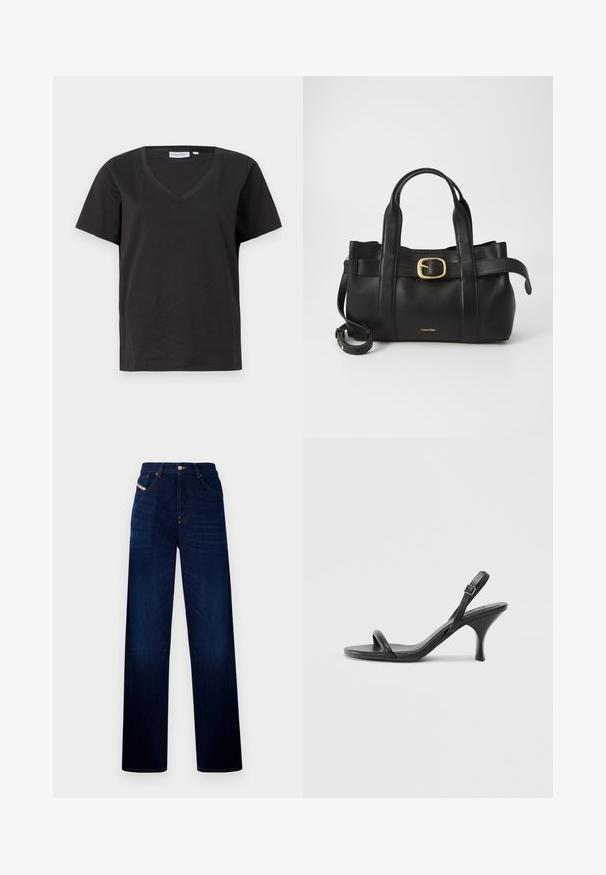 Juodas medvilninis marškinėlis su V formos iškirpte ir trumpomis rankovėmis. Paprastas dizainas, reguliaraus kirpimo, be raštų ar akcentų.; Tamsiai mėlyni džinsai su tiesiu kirpimu, penkiomis kišenėmis ir mygtukų uždarymu. Yra subtilūs siuvinėjimo akcentai ir klasikinis dizainas.; Juodos odinės aukštakulnės šlepetės su plonu, kreiviu kulnu ir kryžminiu dirželio dizainu. Reguliuojamas kulkšnies dirželis. Lygus paviršius.; Juodas odinis rankinės maišas su struktūrizuotu dizainu, dviem viršutinėmis rankenomis, auksinės spalvos sagtimi ir iškilniu prekės ženklu priekyje.