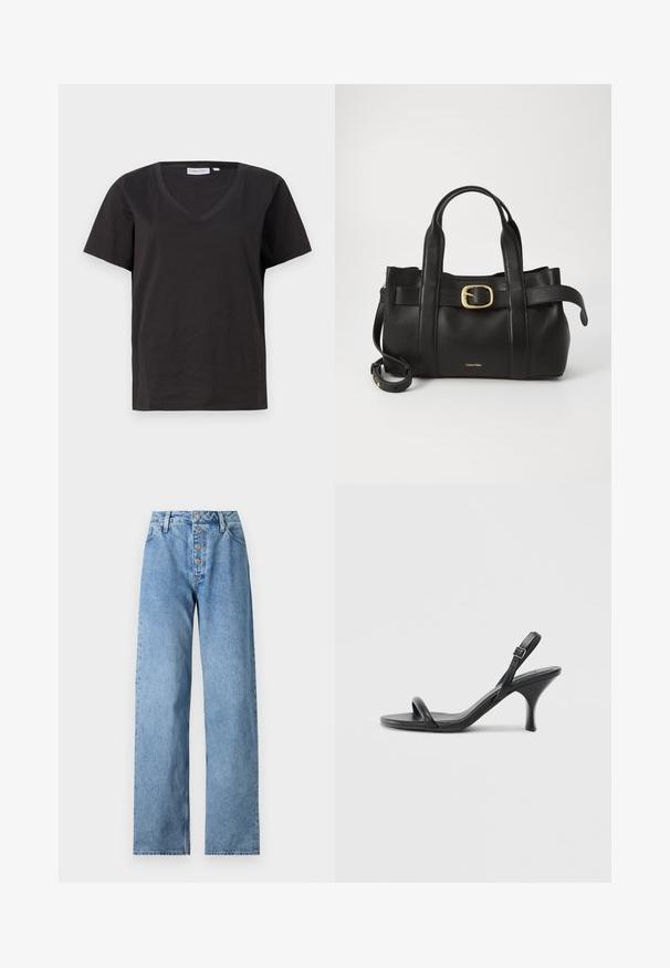 Sort bomulds T-shirt med V-hals og korte ærmer. Enkel design med regular fit og ingen mønstre eller accenter.; Lyseblå denimjeans med højt liv, bred benåbning, fem-knaps lukning og bæltestropper. Stoffet har en glat tekstur med minimal falming.; Sorte læder højhælede sandaler med en slank, buet hæl og et krydset stropdesign. Justerbar ankelrem. Glat tekstur.; Sort læderhåndtaske med et struktureret design, dobbelte toppegreb, guldtonet spændeaccents og præget logo på forsiden.